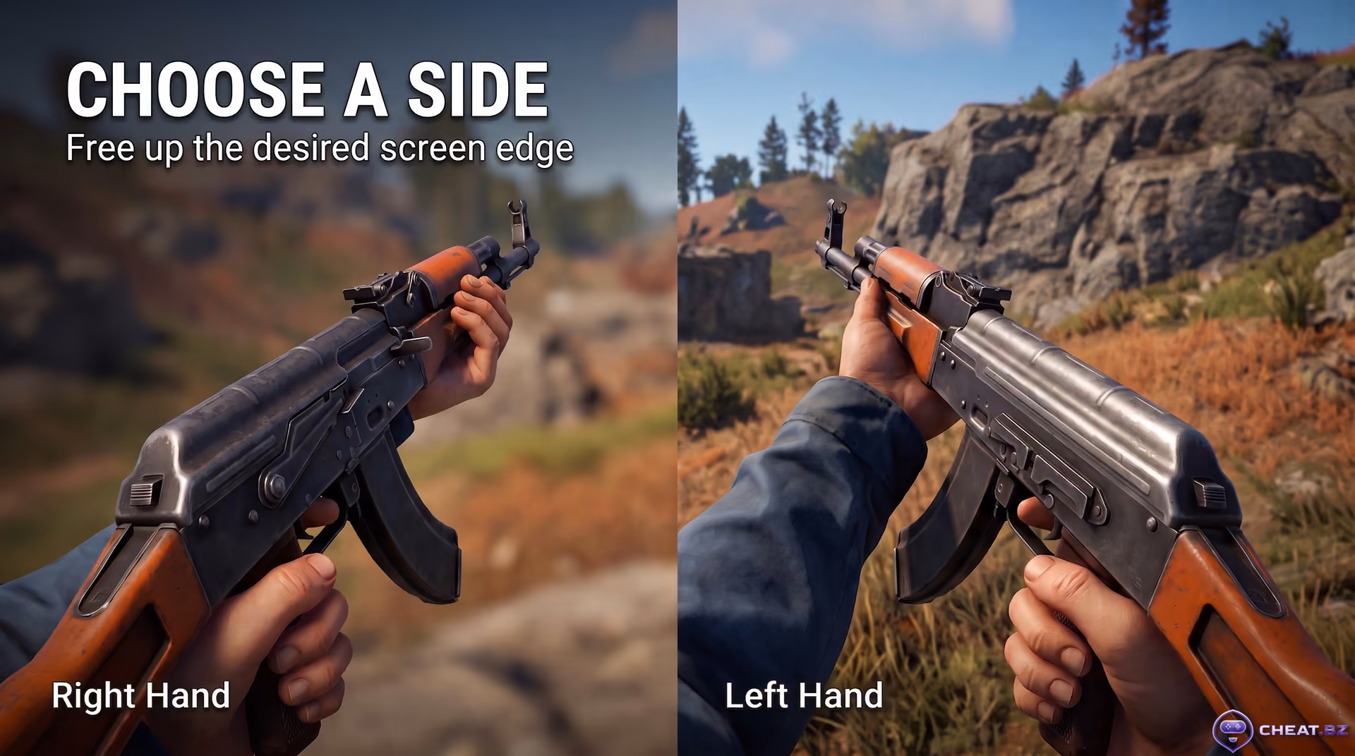 First-person comparison of left-handed versus right-handed weapon viewmodels in Rust
