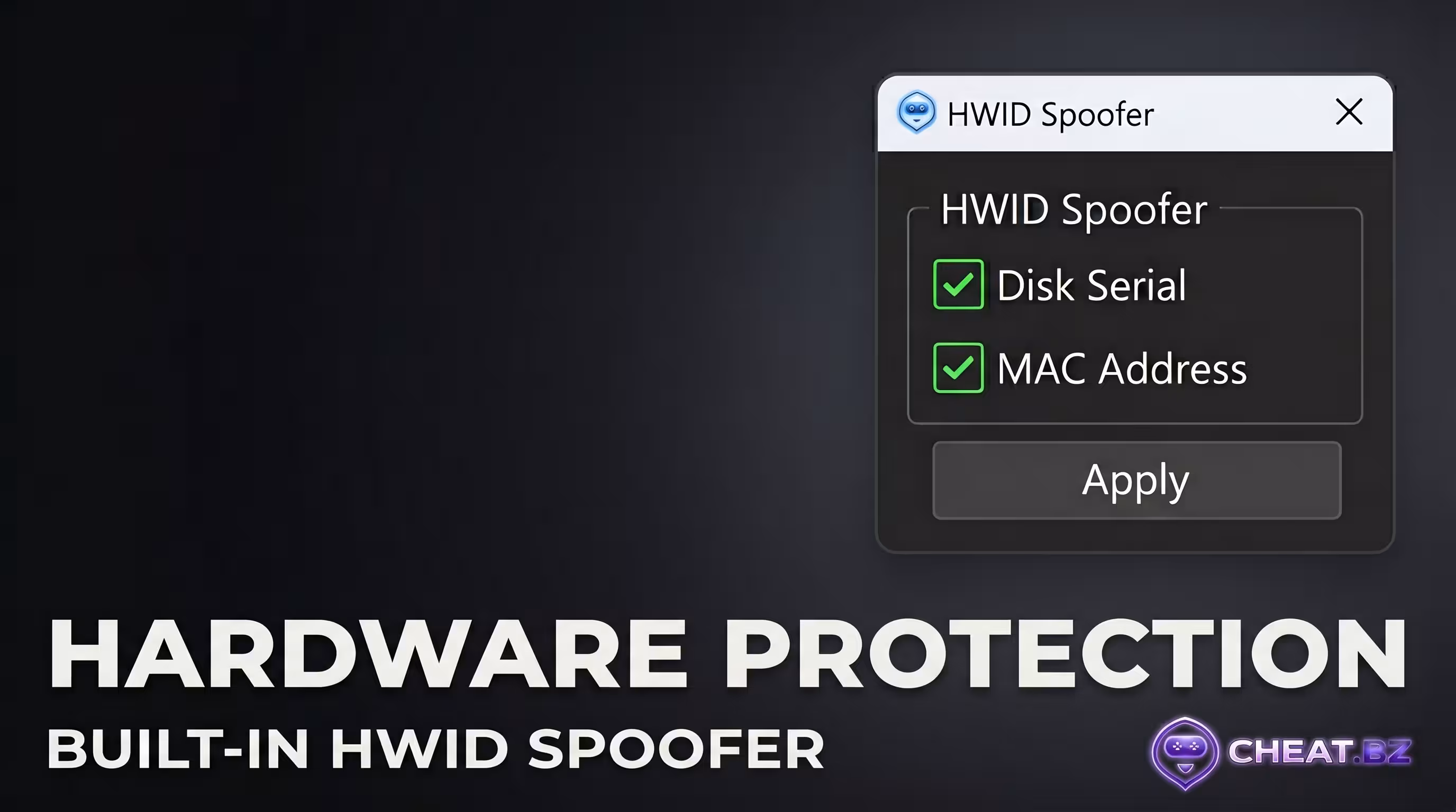 HWID Spoofer configuration window for hardware ban bypass