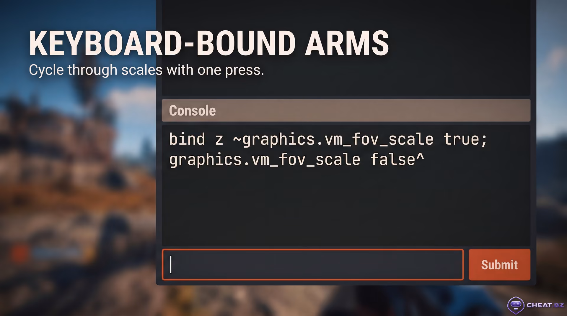 Entering a keybind command to toggle viewmodel placement in the Rust developer console