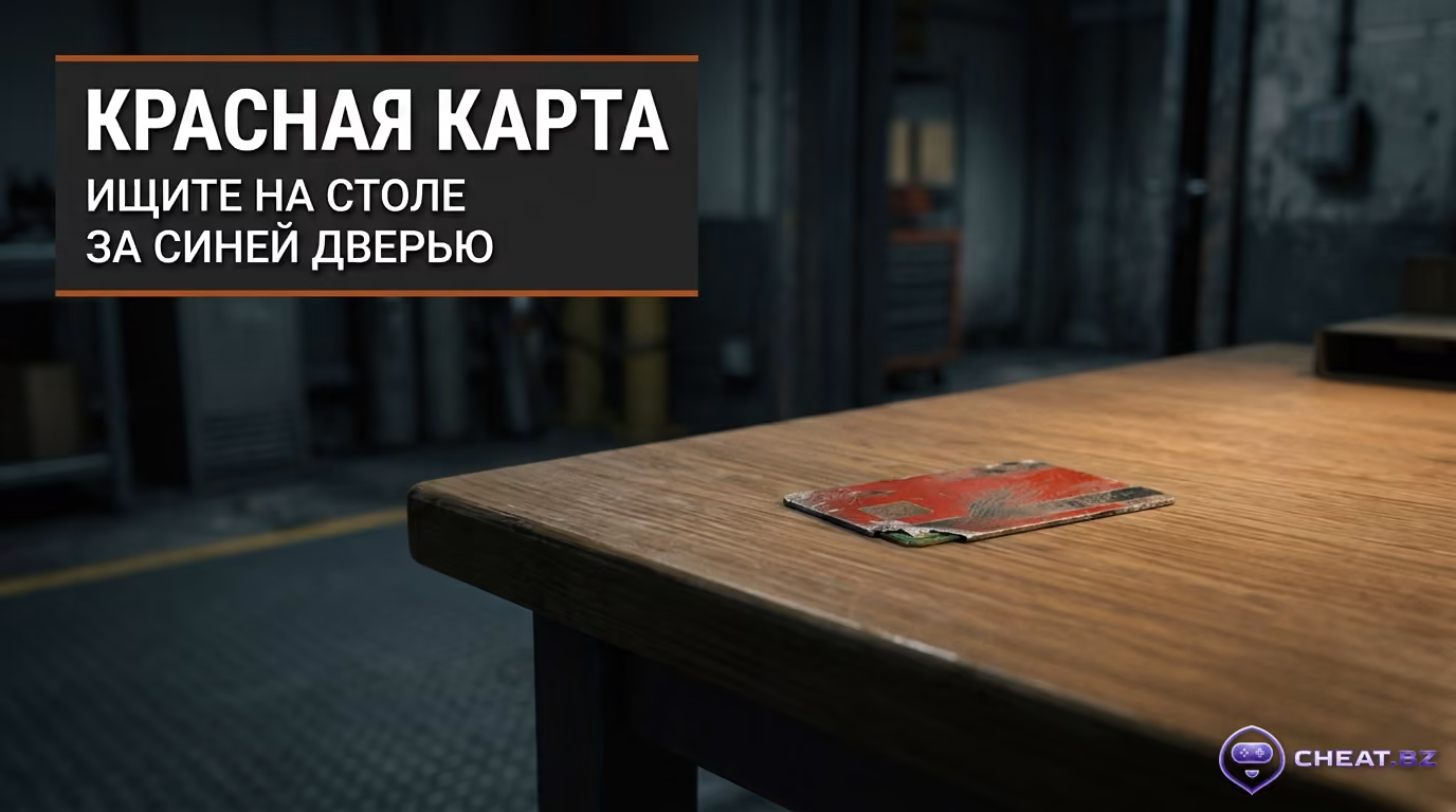 Игрок осматривает красную карту доступа на рабочем столе в аппаратной монумента Rust