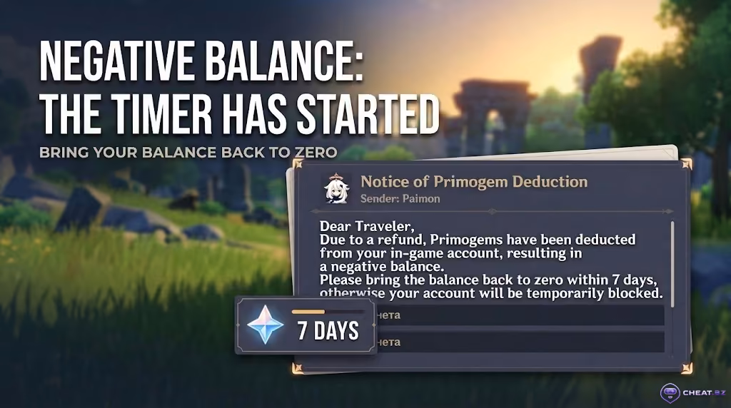 In-game developer mail regarding negative Primogem balance following a payment refund