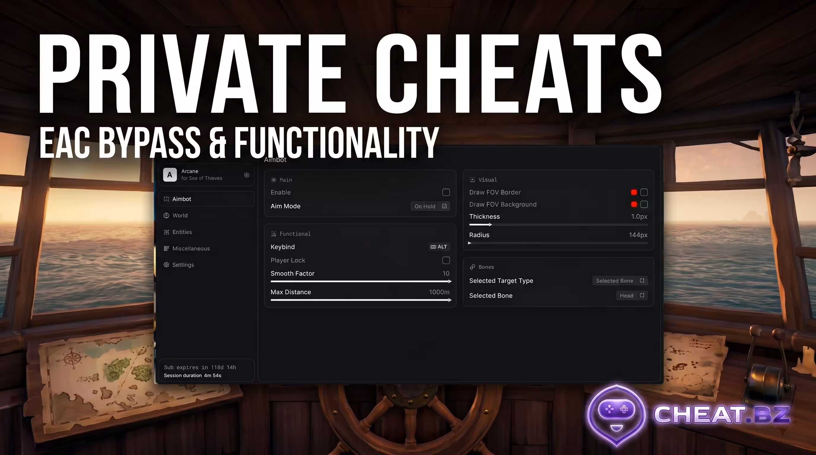 Arcane cheat interface in Sea of Thieves with ESP settings