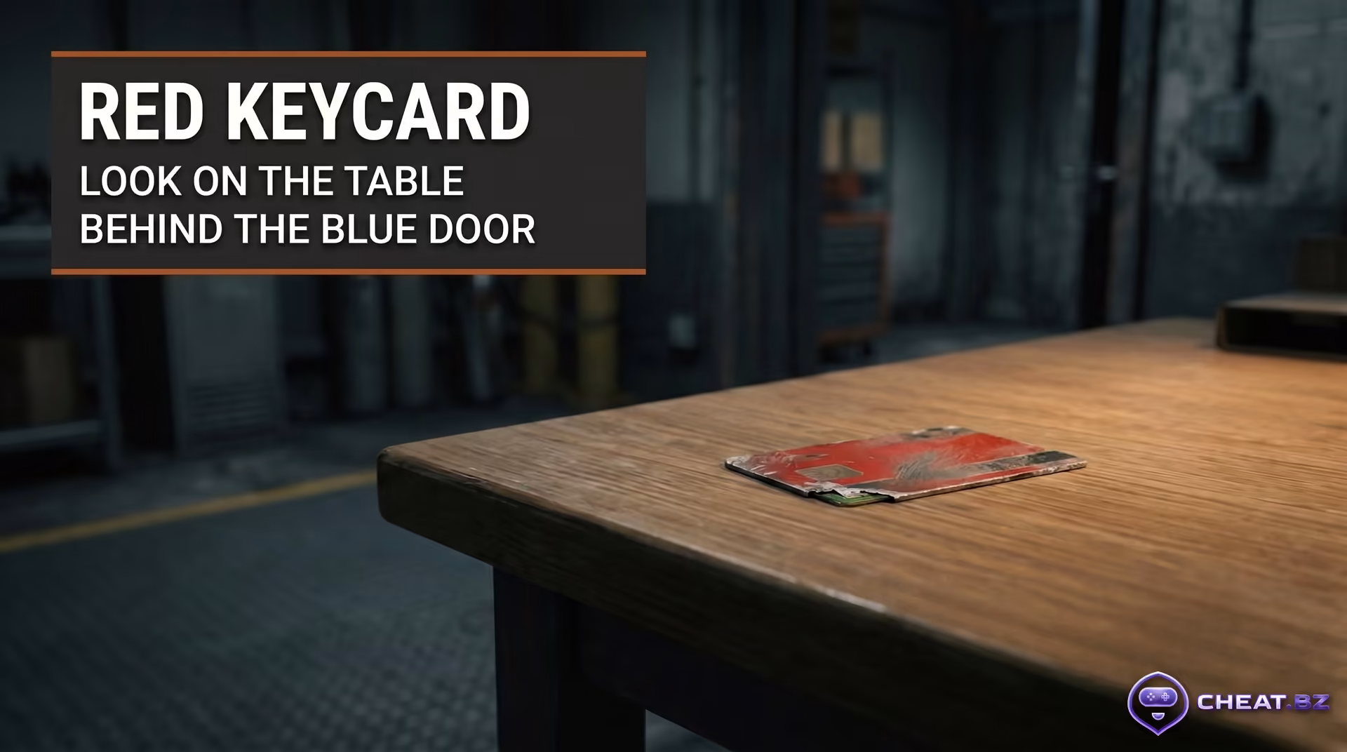 Player inspecting a red keycard on a desk inside a Rust monument puzzle room