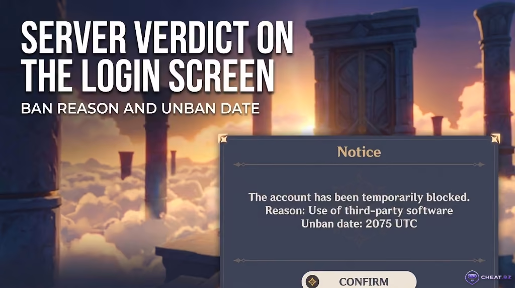 Genshin Impact account suspension dialogue box on the login screen displaying an unban timer set to 2075
