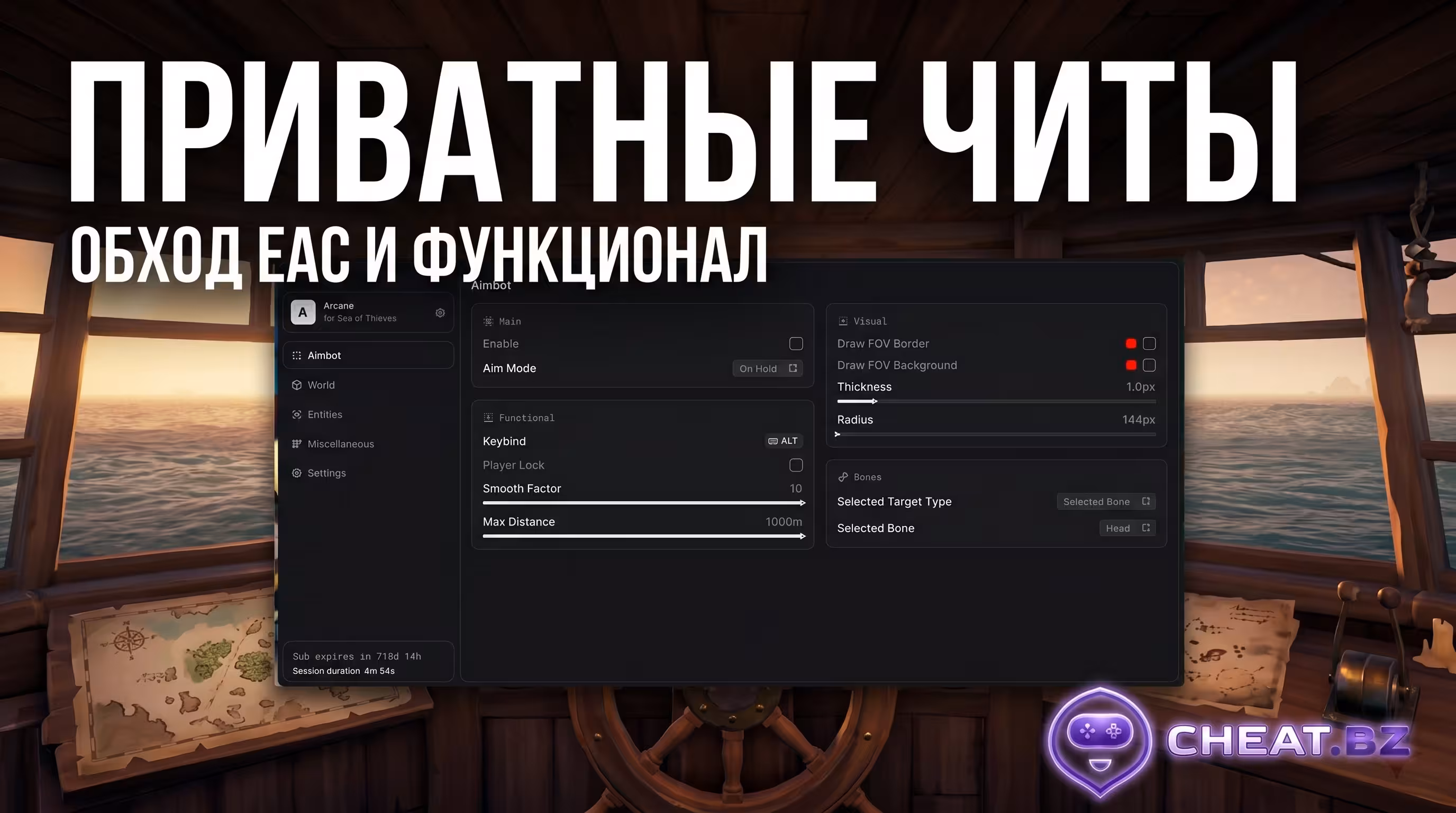 Интерфейс чита Arcane в Sea of Thieves с настройками ESP
